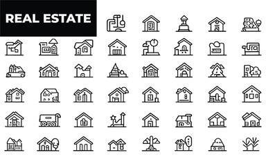 Real Estate thin line icons. Real estate symbols set. Included the icons as House, Home, Realtor, Agent, Plan editable stroke icon. Real estate icons collection. House line icons.