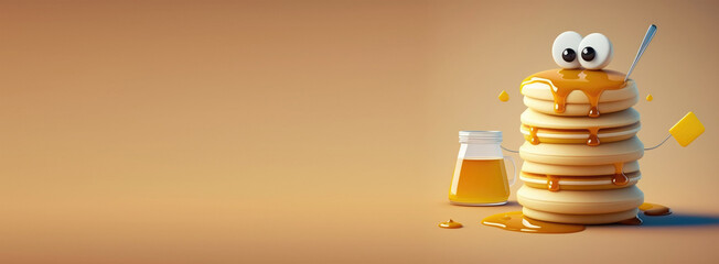 banner with empty space. Cute Cartoon stack of fluffy pancakes with butter and syrup. Character with Room for Copy. Empty flat background. Generative ai.