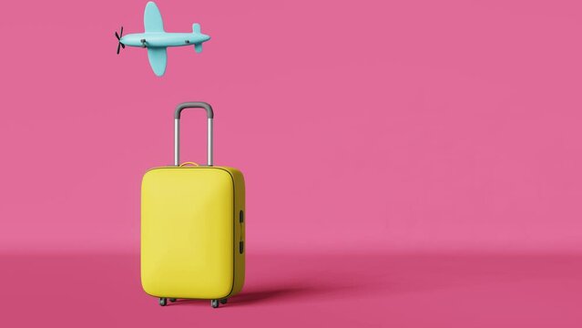 Yellow suitcase flying airplane 3d animation loop purple background. Modern creative travel advertising design. Traveler luggage Summer vacation airport flight sea journey Avia tickets sale promotion.