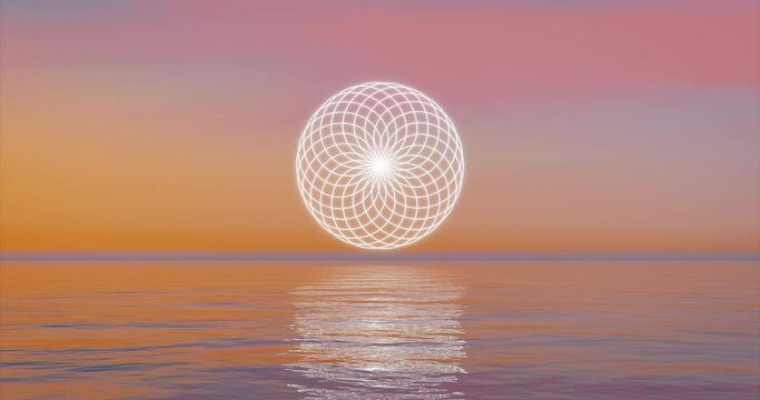 Flower of Life sacred symbol floating over an ocean sunset. 3d Rendering abstract concept of sacred geometry for dreamlike meditation