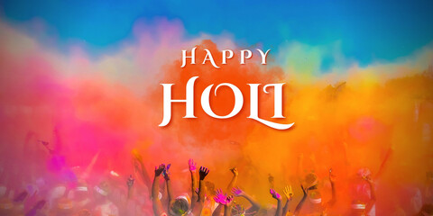 Happy Holi. Crowd throwing bright colored powder paint in the air, Holi festival.