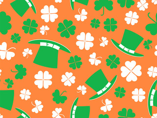 Seamless pattern with clover leaves and Leprechaun hat for St. Patrick's Day. The colors of the Irish flag. Background design for wrapping paper, wallpaper and packaging print. Vector illustration