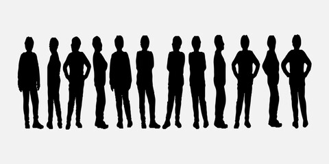 Vector silhouettes of men and a women, a group of standing and walking business people, black color isolated on white background.