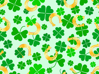 Seamless pattern with clover leaves and horseshoes for St. Patrick's Day. Clover leaves and a horseshoe are a traditional symbol of good luck and happiness. Vector illustration