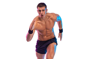 Runner concept. Athlete sprinter running on pink background. Fitness and sport motivation. Trail...