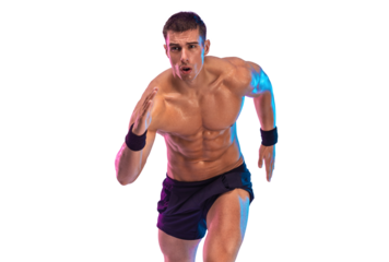 Runner concept. Athlete sprinter running on pink background. Fitness and sport motivation. Trail run. Picture for a sports article in a magazine and website.