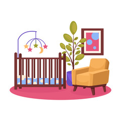 Obraz premium Bedroom interior. Children's room. Cradle, armchair, paintings, floor lamp, children's mobile. Vector graphic.