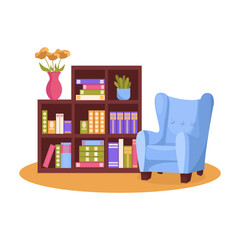 Living room interior. Armchair, vase, bookcase, potted plant, lots of books. Vector graphic.