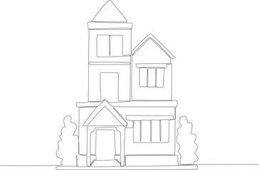 A three-floored house with trees. Housing one line illustration.