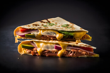 Spicy and hot quesadilla made of tortilla, ham and cheese made with Generative AI