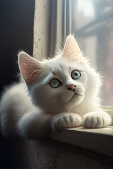 cat looking out the window, Illustration of adorable kitten with nice fur and funny face expressions created with Generative AI technology