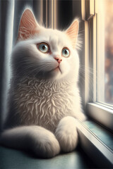 cat looking out the window, Illustration of adorable kitten with nice fur and funny face expressions created with Generative AI technology