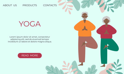 Banner template with senior man and woman doing yoga. Old man and woman practicing meditation, exercising, keeping active healthy lifestyle.