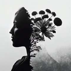 Surreal double exposure image of woman and flowers. Great for ads, book covers, posters and more.	