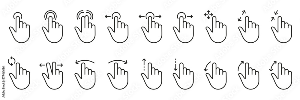 Aufkleber hand finger touch, swipe and drag outline icon set. pinch screen, rotate up down on screen line sign