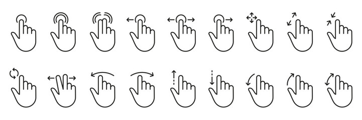 Hand Finger Touch, Swipe and Drag Outline Icon Set. Pinch Screen, Rotate Up Down on Screen Line Sign. Gesture Slide Left and Right Linear Pictogram. Editable Stroke. Isolated Vector Illustration