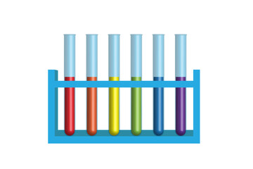 Test tubes in a rack containing various colored solutions, illustrating a chemistry experiment and the vibrant nature of chemical reactions and lab procedures