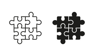 Puzzle, Solve Problem Silhouette and Line Icon Set on White Background. Teamwork and Solution Pictogram. Jigsaw Shape, Match Pieces Combination Icon. Editable Stroke. Isolated Vector Illustration