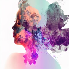 Surreal double exposure image of woman and flowers. Great for ads, book covers, posters and more.	