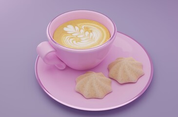 pink cup of coffee latte and cookies 
