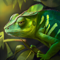 green chameleon on a branch