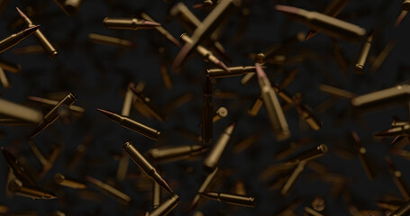 A lot of rifle bullets floating at zero gravity over black background.