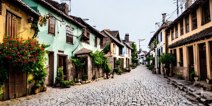 Ancient picturesque street in the old historic town in style crayon sketch ai Generated, generative AI, CGI graphics