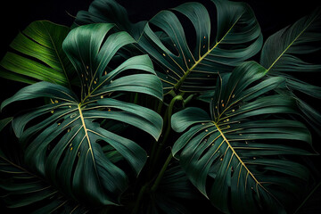 Tropical leaves Monstera Deliciosa on black background. Generative AI