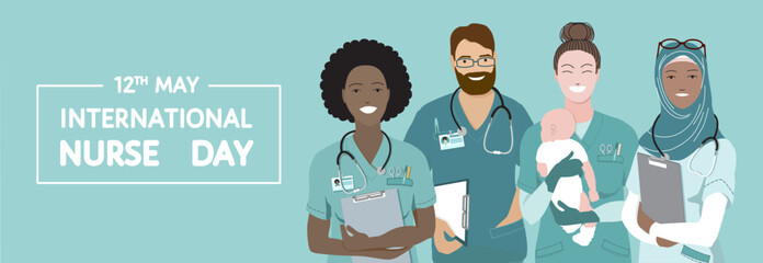 International team of nurses standing together, International Nurse Day background. Young happy smiling african and arabic women, bearded man, medical scrubs, stethoscope.  Horizontal vector banner