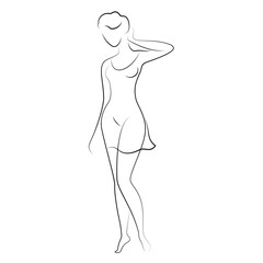 Silhouette of a woman in a modern continuous line style. The girl is slim and beautiful. Lady suitable for aesthetic decor, posters, stickers, logo. Vector illustration.