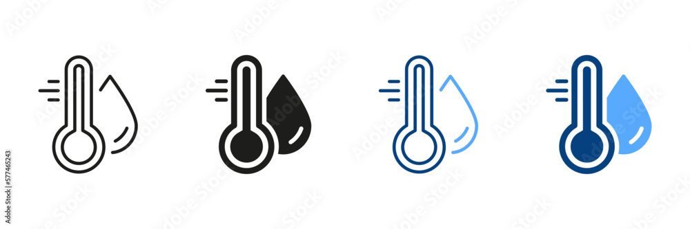 Poster water temperature indicator silhouette and line icon set. mercury thermometer and water drop color p