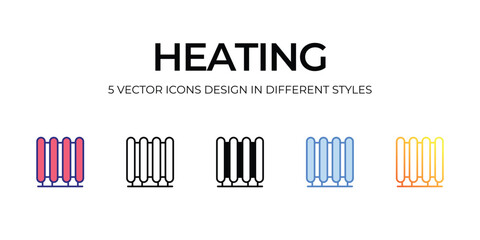 heating Icon Design in Five style with Editable Stroke. Line, Solid, Flat Line, Duo Tone Color, and Color Gradient Line. Suitable for Web Page, Mobile App, UI, UX and GUI design.