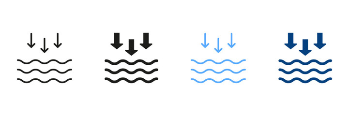 Low Tide Silhouette and Line Icon Set. Waves on the Sea or Ocean Black and Color Symbol Collection. Isolated Vector Illustration