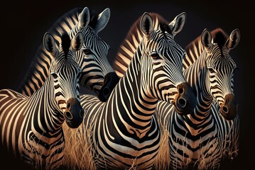 Four mature zebras pose for a portrait in the safari closeup. Generative AI - obrazy, fototapety, plakaty