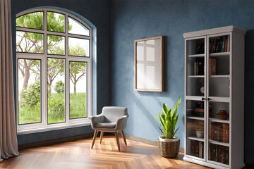 cozy living room interior with single chair in a room corner; sunlight shining trough window; canvas with copy space; home decoration concept; 3D Illustration
