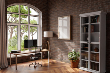 comfortable workplace with pc standing on wooden desk in office at home; bright sunlight shines through large window; wall; with canvas copy space;  remote work freelance concept; 3D Illustration
