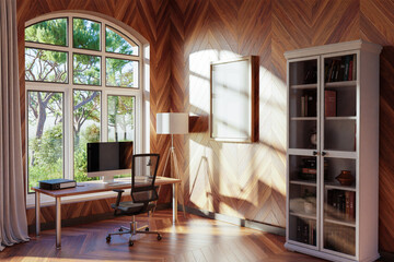 comfortable workplace with pc standing on wooden desk in office at home; bright sunlight shines through large window; wall with canvas copy space;  remote work freelance concept; 3D Illustration