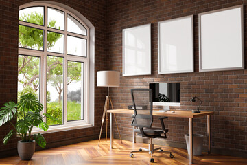 Fototapeta na wymiar comfortable workplace with pc on wooden desk in office at home; bright sunlight from side large window and wall; canvas copy space; remote work freelance; 3D Illustration