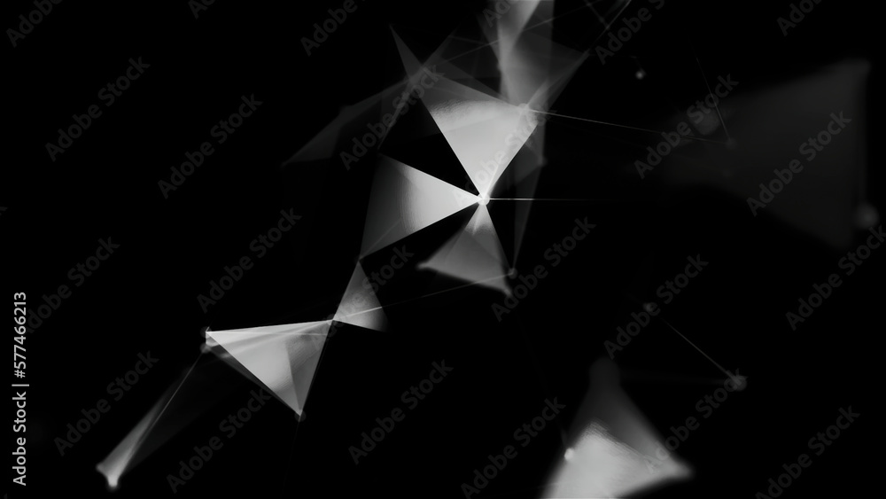 Poster monochrome plexus triangles creating transforming figure. motion. black and white transparent flying