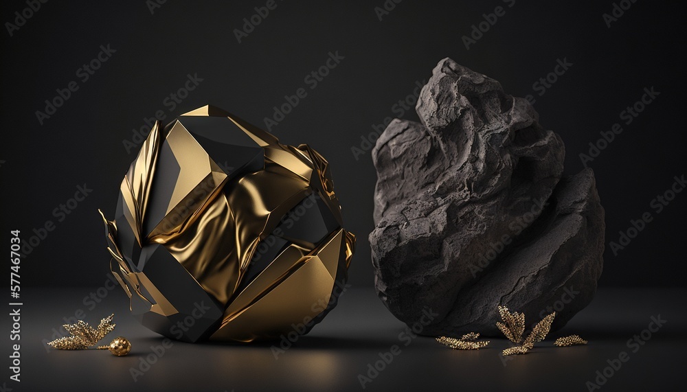 Poster a black and gold object next to a rock on a black surface with a gold leaf on the side of the object