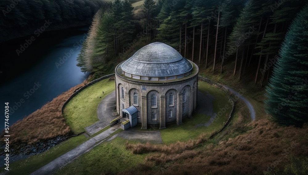 Poster an aerial view of a round building in the middle of a forest with a lake in the background and trees