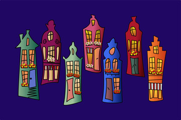 Naklejka premium Set of funny coloured old houses in the Dutch style on dark background. Doodle vector illustration.