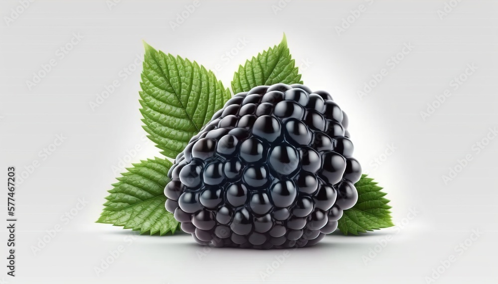 Aufkleber a black raspberry with a green leaf on a white background with space for text stock photo - budget -