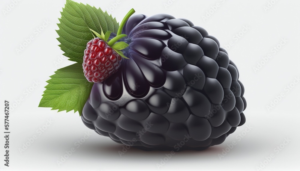 Poster a black raspberry with a green leaf on it's tip and a red berry on the top of it's stem. generative 