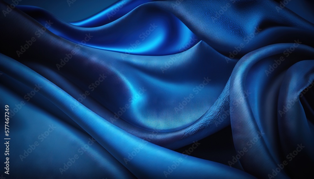 Poster a blue background with a wavy pattern of fabric or material in the middle of the image, with a black
