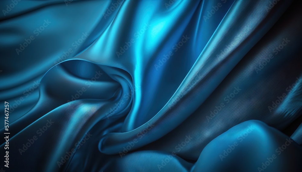Poster a blue fabric with a wavy design on it's side and a black background with a white stripe at the bott