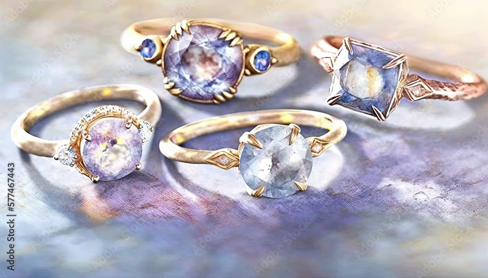 Aufkleber a group of three rings with different colored stones on them and a diamond on the side of the ring, 