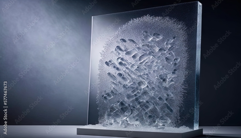 Poster  a glass block with a pattern on it in the middle of a dark room with a light coming through the top of the block and a black background.  generative ai