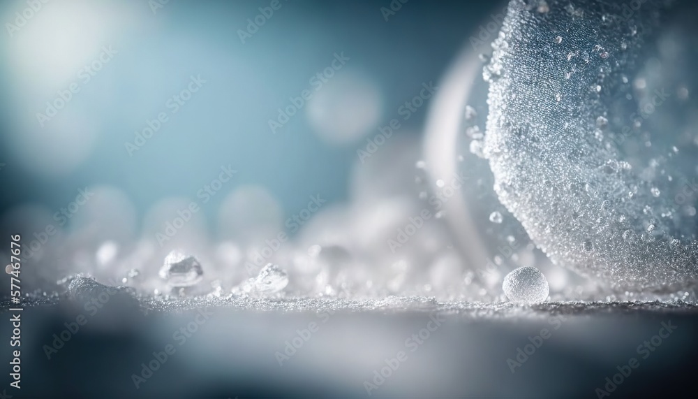 Poster a close up of water droplets on a surface with a blurry background of blue sky and clouds in the bac