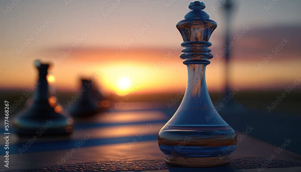 Poster a chess board with a sunset in the background and a chess set on the ground with the sun setting in 